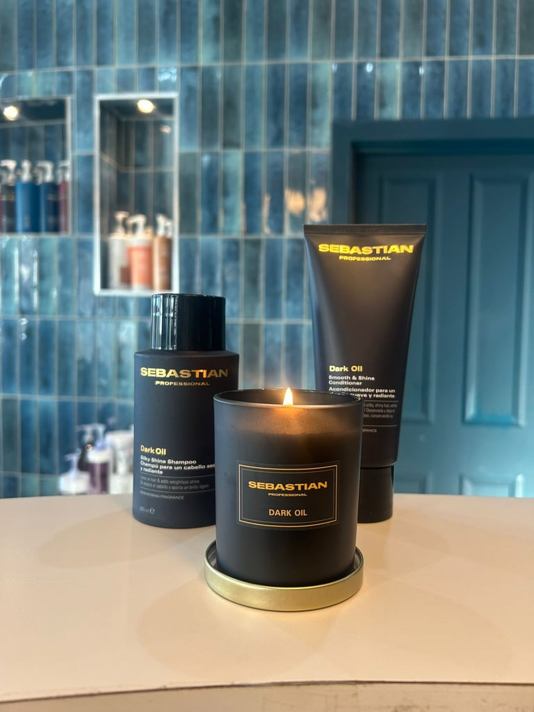 Three Sebastian Dark Oil hair care products displayed on beige surface with salon interior background