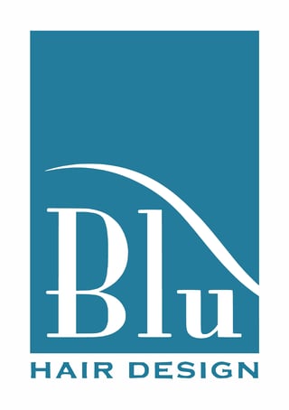Blu Hair Design logo with white text and curved swoosh on teal blue background